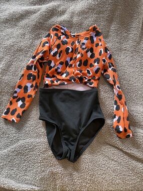 art class Orange and Black Leopard Print Long Sleeve Swim Top